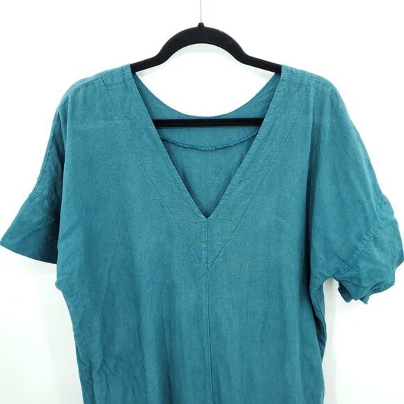 Len.Ok 100% Linen Relaxed Fit V-Neck Short Sleeve Dress M Blue/Green/Teal - Picture 4 of 14